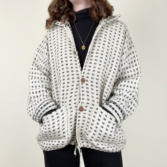 Vintage Handmade Woven Knit Oversized Shacket Boyfriend Coat Jacket Cardigan - Picture 2 of 6